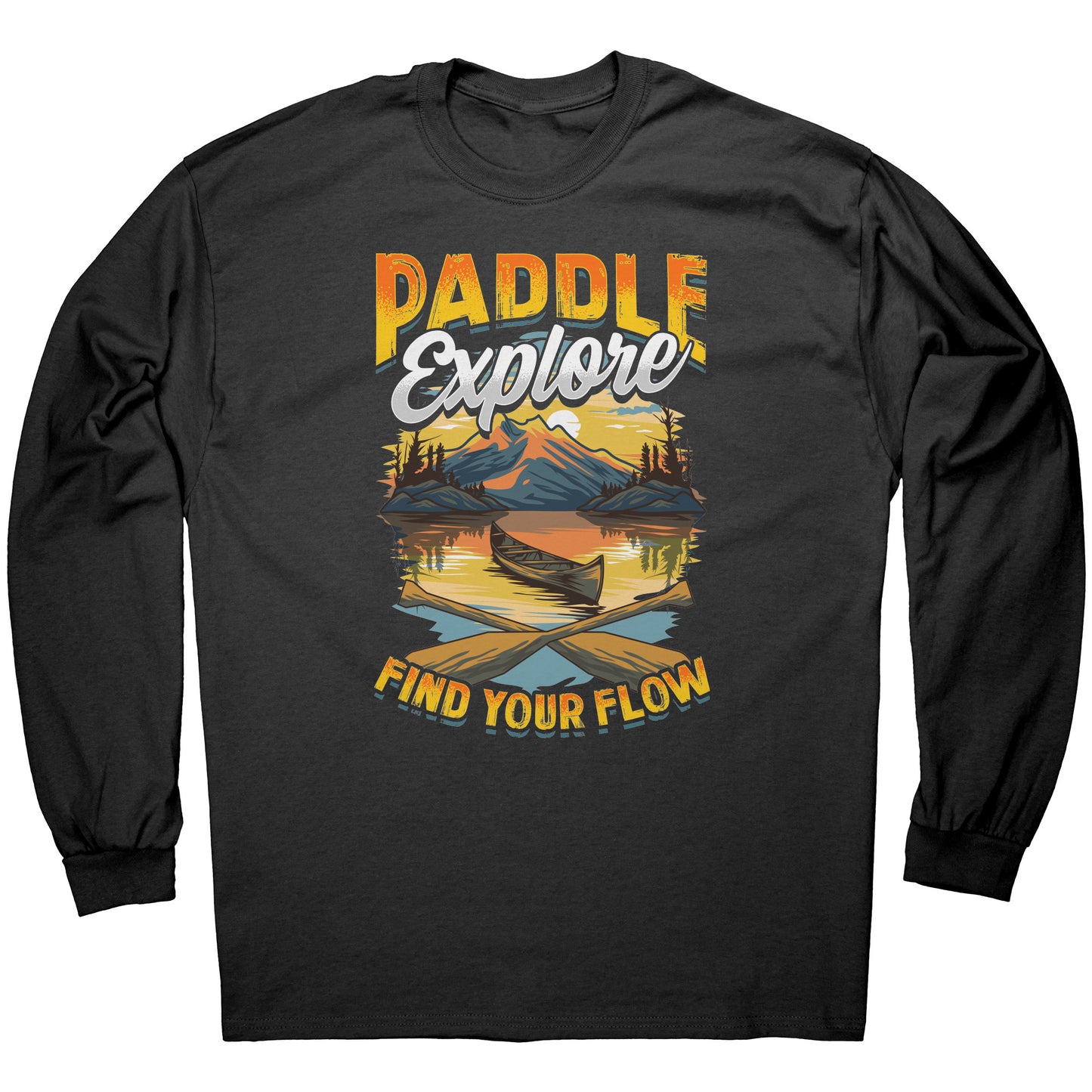 Paddle Explore Find Your Flow - Canoeing Paddling Sunset Mountain Graphics T-Shirt