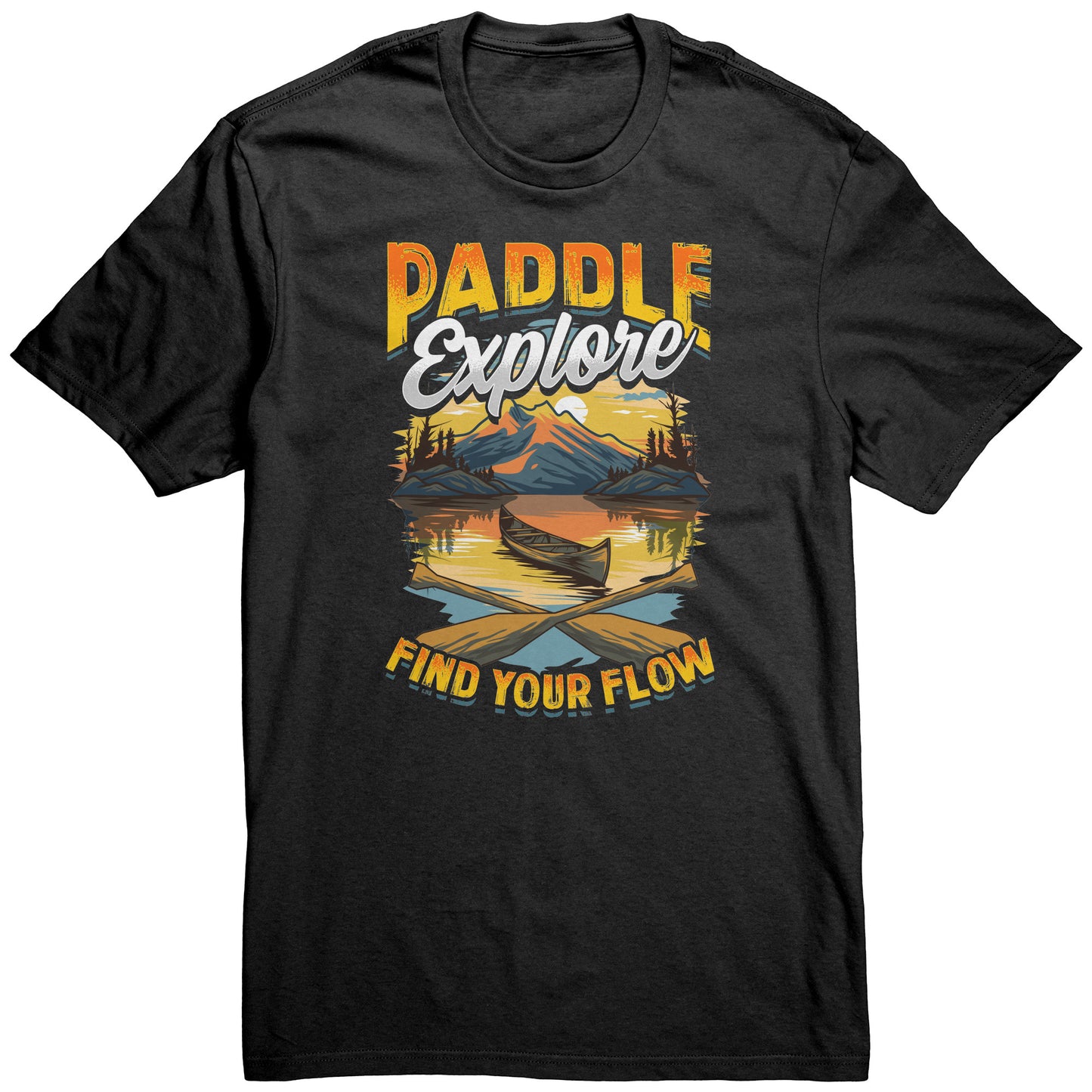 Paddle Explore Find Your Flow - Canoeing Paddling Sunset Mountain Graphics T-Shirt