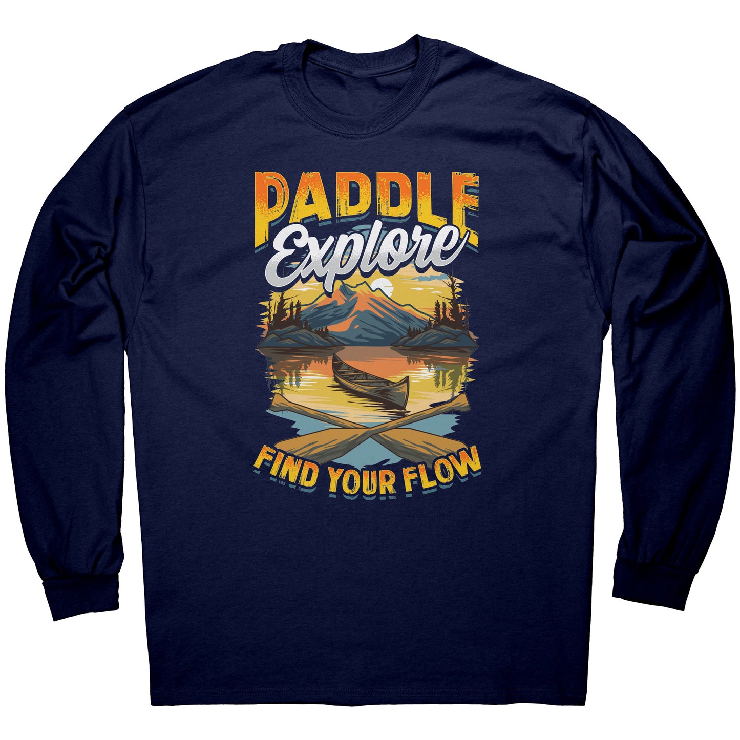 Paddle Explore Find Your Flow - Canoeing Paddling Sunset Mountain Graphics T-Shirt