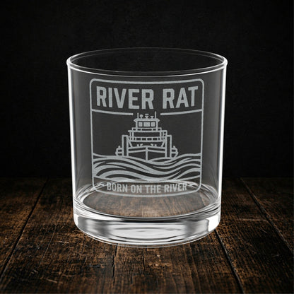 River Rat Born on the River Whiskey Glass - Engraved Towboat Rocks Glass - Towboater Gift