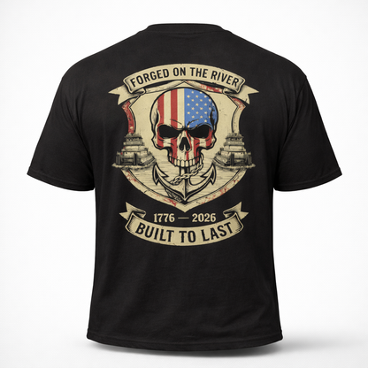 Forged on the River Built to Last - Towboat Skull Patriotic Tee - River Worker July 4th T-Shirt