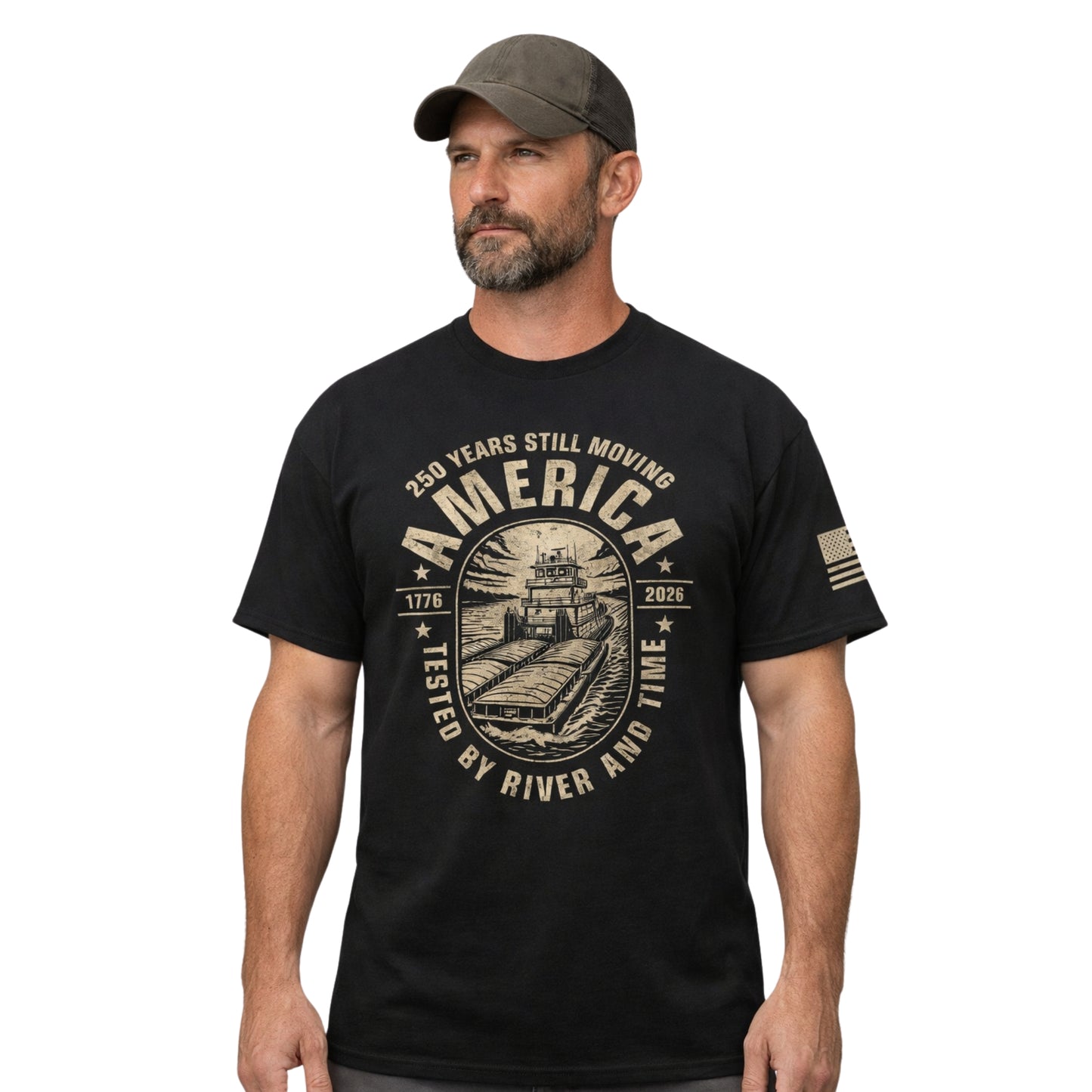 Man wearing a black t-shirt with a graphic design and text, standing against a white background 250 years still moving america towboater