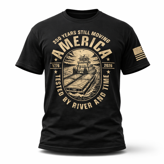 Black t-shirt with gold graphic design on a white background 250 years still moving america