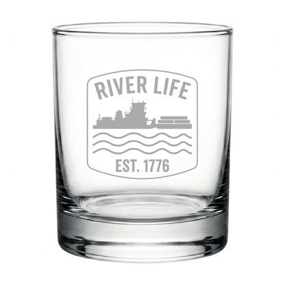 River Life Est. 1776 Whiskey Glass - Engraved Towboat Rocks Glass - Towboater Gift