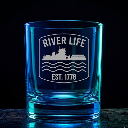 River Life Est. 1776 Whiskey Glass - Engraved Towboat Rocks Glass - Towboater Gift