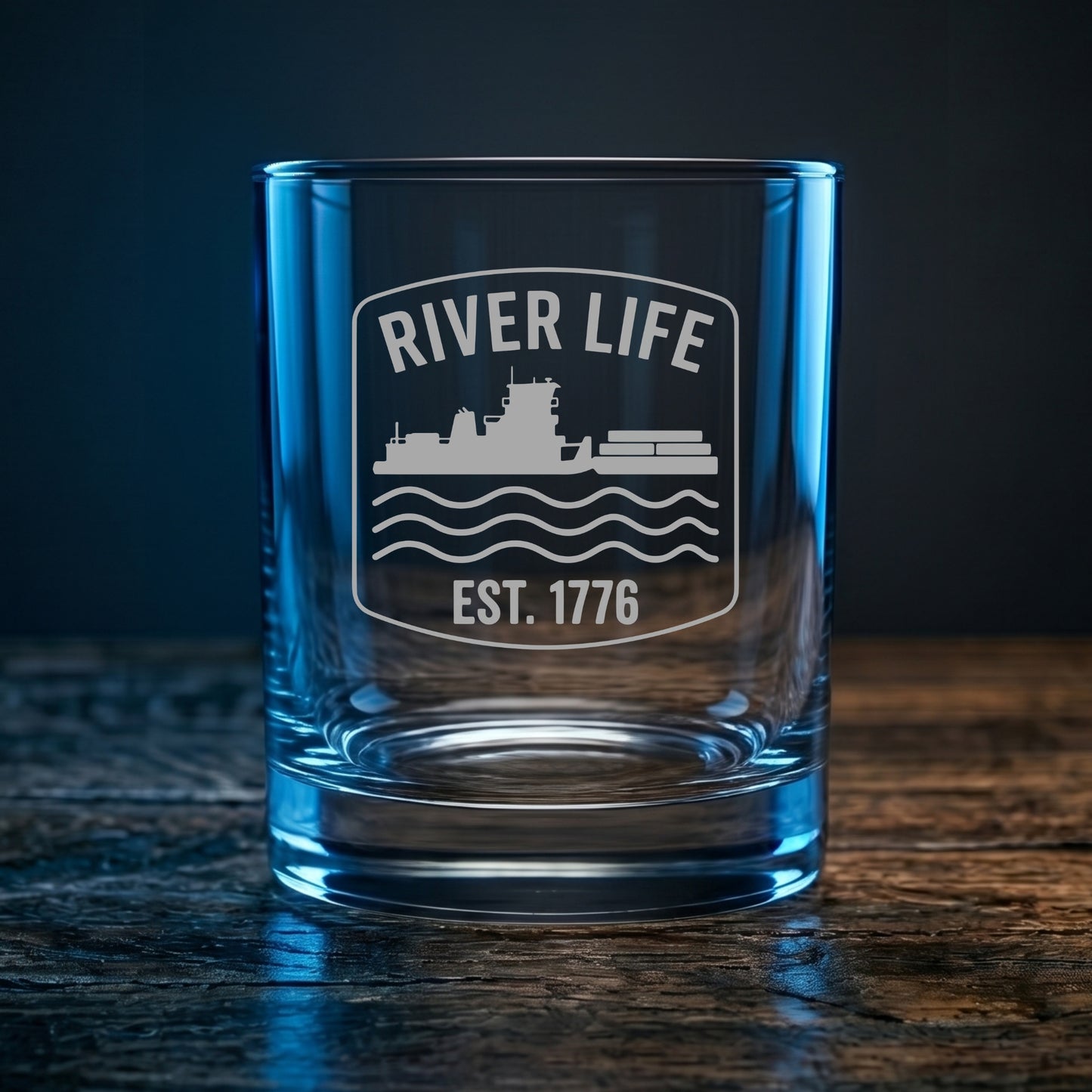 River Life Est. 1776 Whiskey Glass - Engraved Towboat Rocks Glass - Towboater Gift