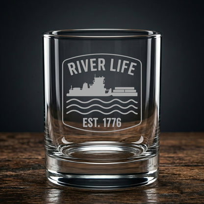 River Life Est. 1776 Whiskey Glass - Engraved Towboat Rocks Glass - Towboater Gift