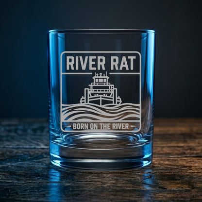 River Rat Born on the River Whiskey Glass - Engraved Towboat Rocks Glass - Towboater Gift
