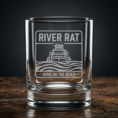 River Rat Born on the River Whiskey Glass - Engraved Towboat Rocks Glass - Towboater Gift