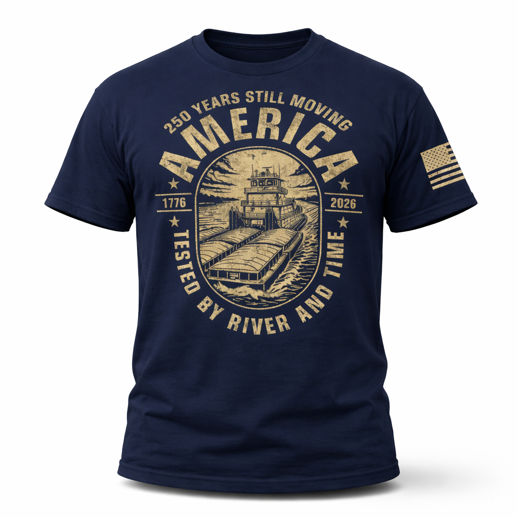 Navy blue t-shirt with gold graphic and text on a white background riverlifeshop 250 years still moving america