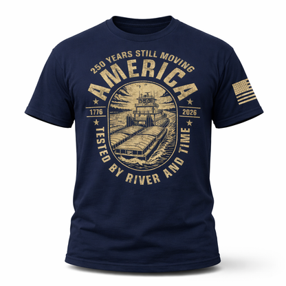 Navy blue t-shirt with gold graphic and text on a white background riverlifeshop 250 years still moving america