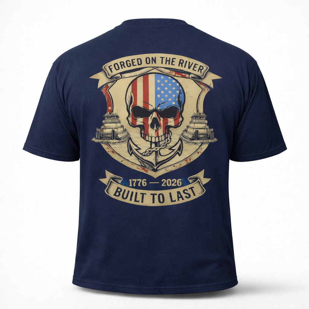 Forged on the River Built to Last - Towboat Skull Patriotic Tee - River Worker July 4th T-Shirt