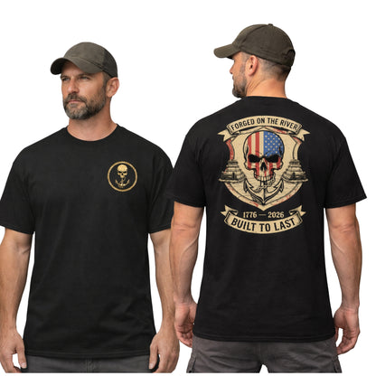 Forged on the River Built to Last - Towboat Skull Patriotic Tee - River Worker July 4th T-Shirt