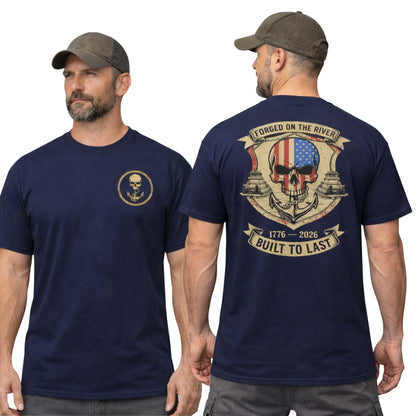 Forged on the River Built to Last - Towboat Skull Patriotic Tee - River Worker July 4th T-Shirt