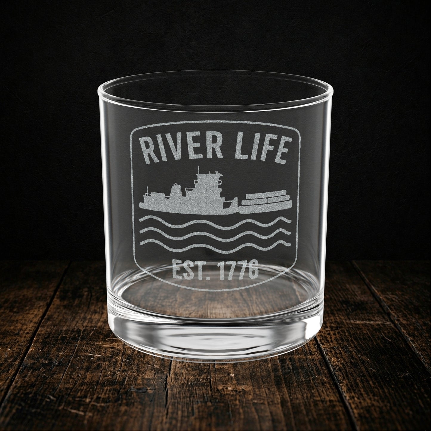 River Life Est. 1776 Whiskey Glass - Engraved Towboat Rocks Glass - Towboater Gift