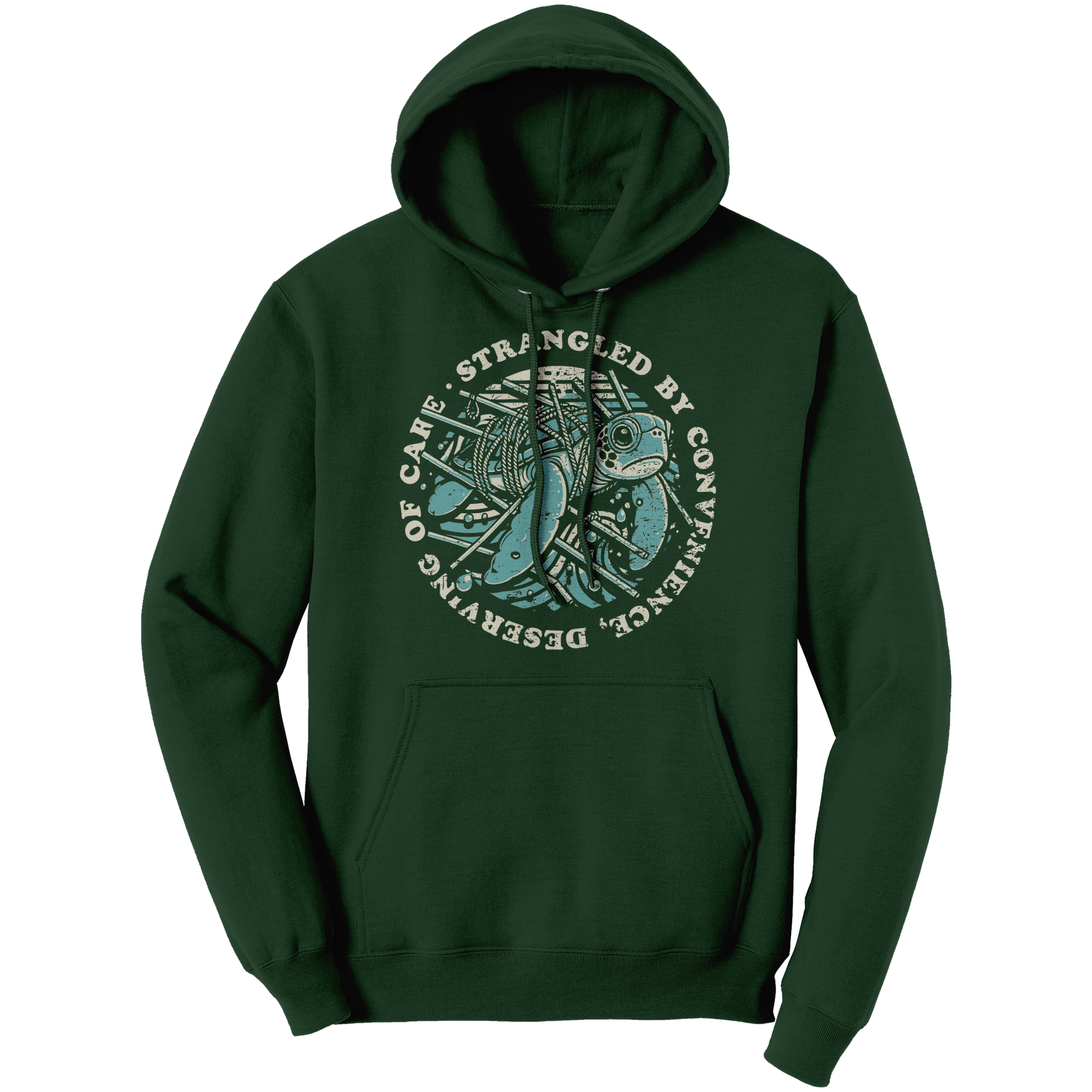 Strangled_by_Convenience__Turtle_World__Dark_Green_Front_Mockup.png