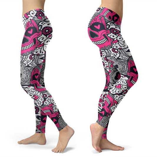 Pink and White Sugar Skull Leggings