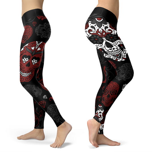 Black and Red Sugar Skull Leggings - Towboater Apparel