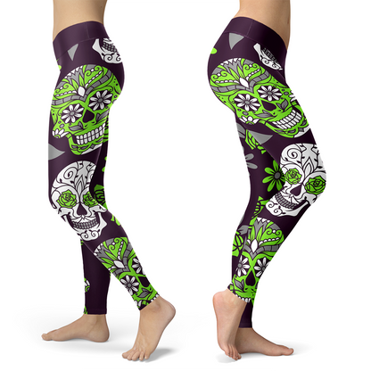 Light Green and Purple Sugar Skull Leggings